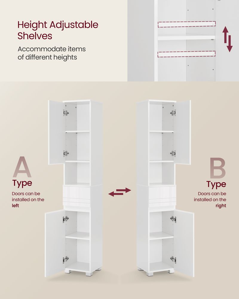 Tall Bathroom Cabinet – Wood – White – Sleek Design with Adjustable Shelves and Drawer