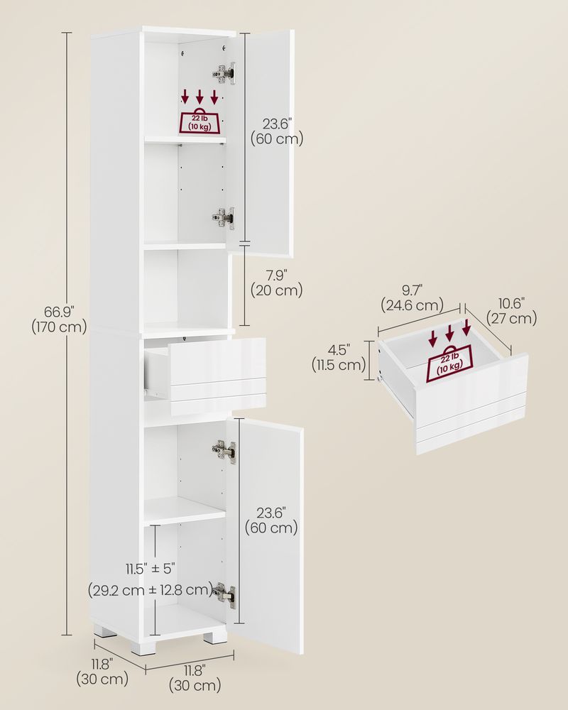 Tall Bathroom Cabinet – Wood – White – Sleek Design with Adjustable Shelves and Drawer