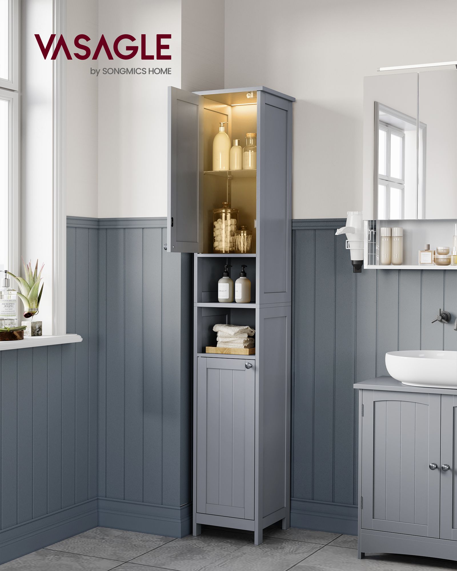 Tall Bathroom Cabinet – Wood – Dove Grey – Slim Design with Adjustable Shelves and Lights