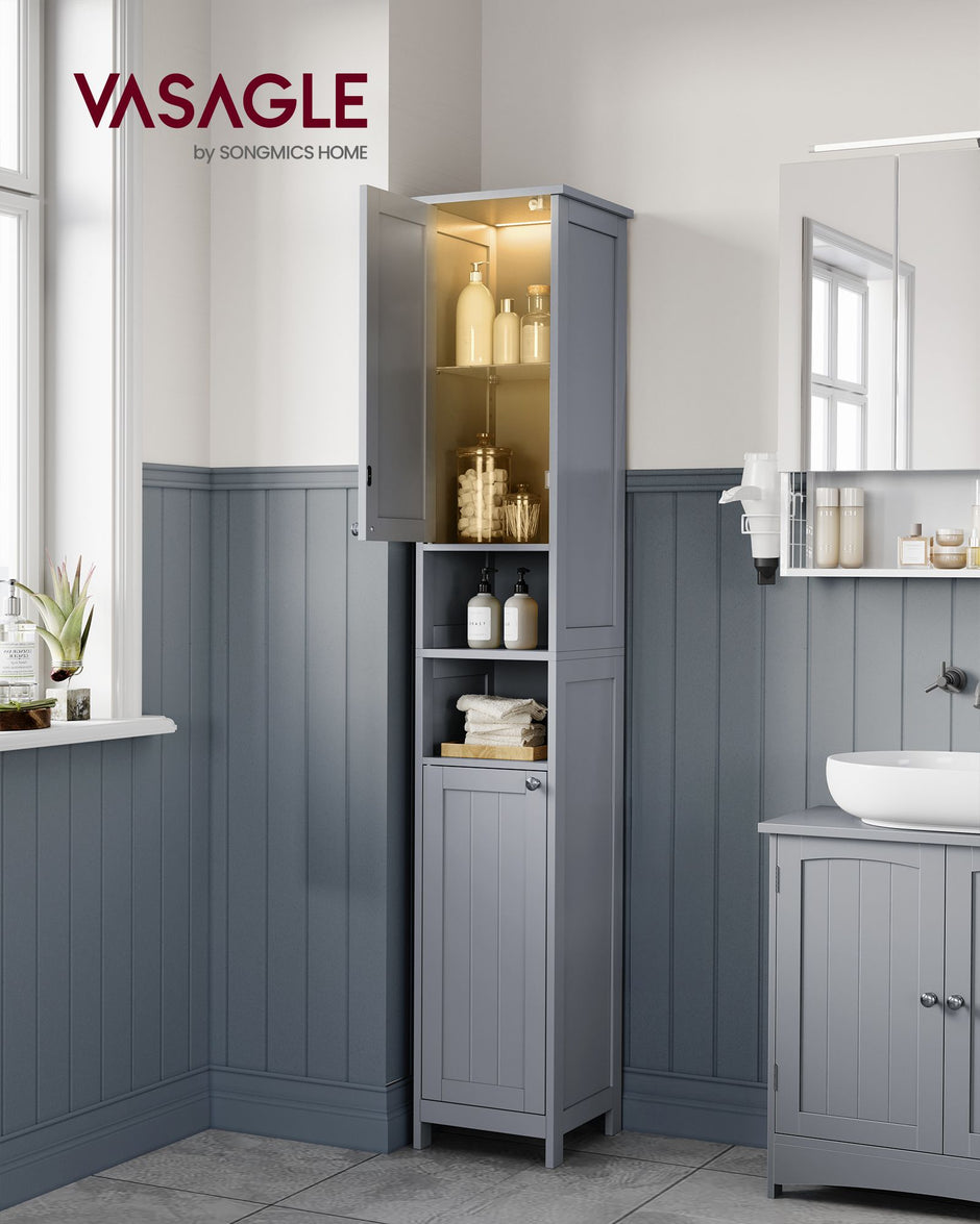 Tall Bathroom Cabinet – Wood – Dove Grey – Slim Design with Adjustable Shelves and Lights