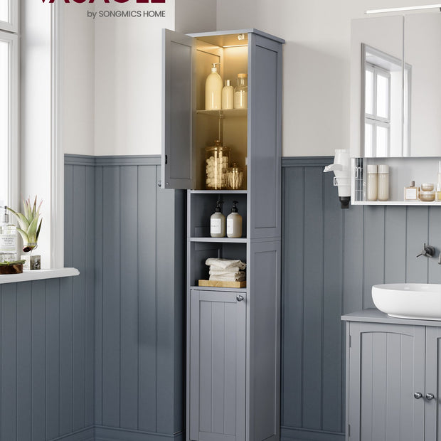 Tall Bathroom Cabinet – Wood – Dove Grey – Slim Design with Adjustable Shelves and Lights
