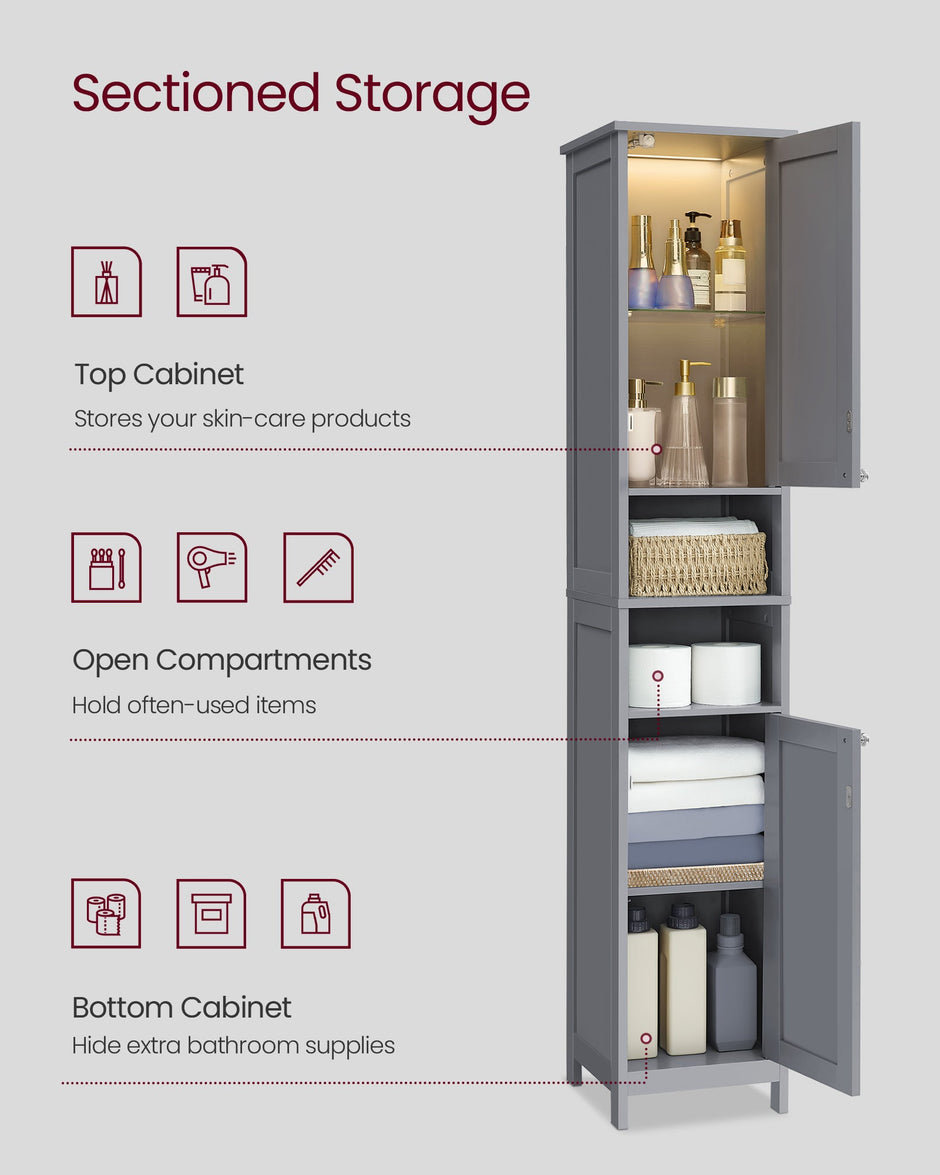 Tall Bathroom Cabinet – Wood – Dove Grey – Slim Design with Adjustable Shelves and Lights