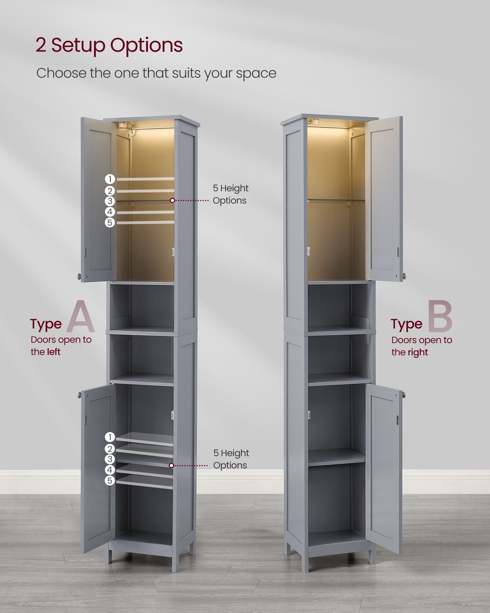Tall Bathroom Cabinet – Wood – Dove Grey – Slim Design with Adjustable Shelves and Lights