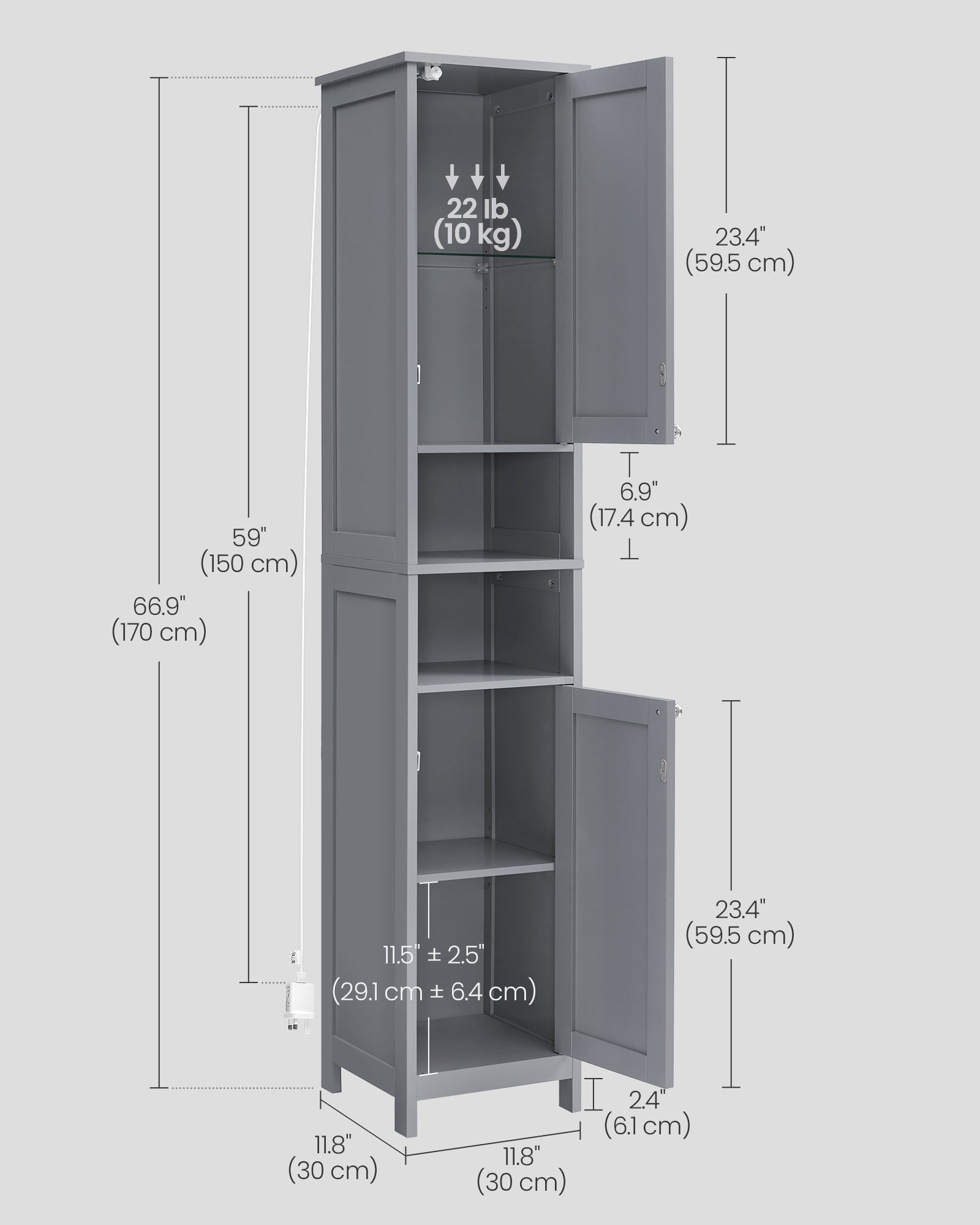 Tall Bathroom Cabinet – Wood – Dove Grey – Slim Design with Adjustable Shelves and Lights
