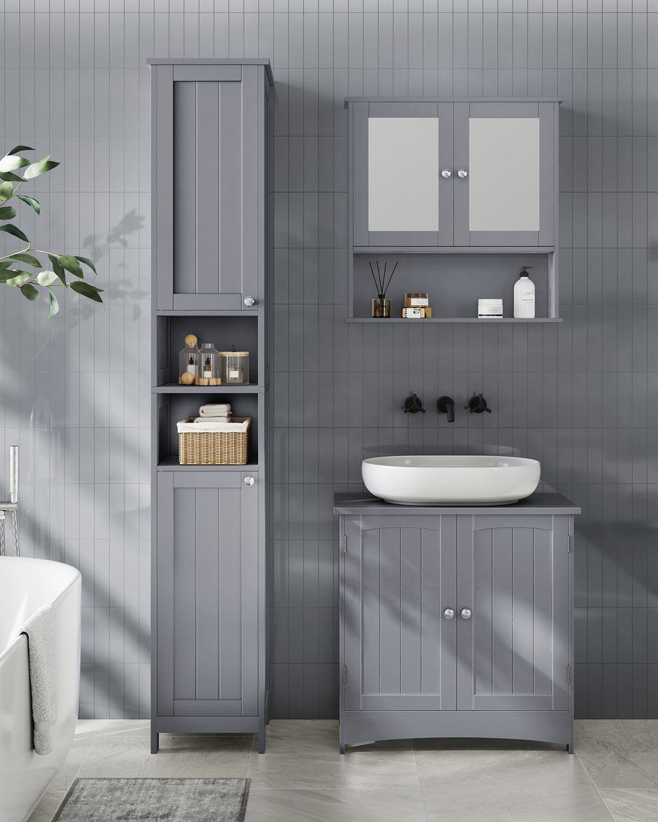 Tall Bathroom Cabinet – Wood – Dove Grey – Slim Design with Adjustable Shelves and Lights