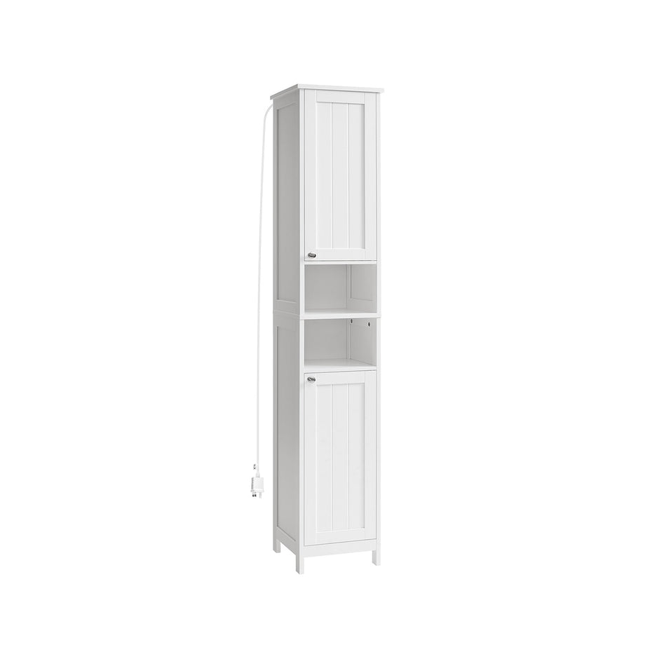 Slim Bathroom Cabinet – Wood – Cloud White – Freestanding with Adjustable Shelves and Open Compartments