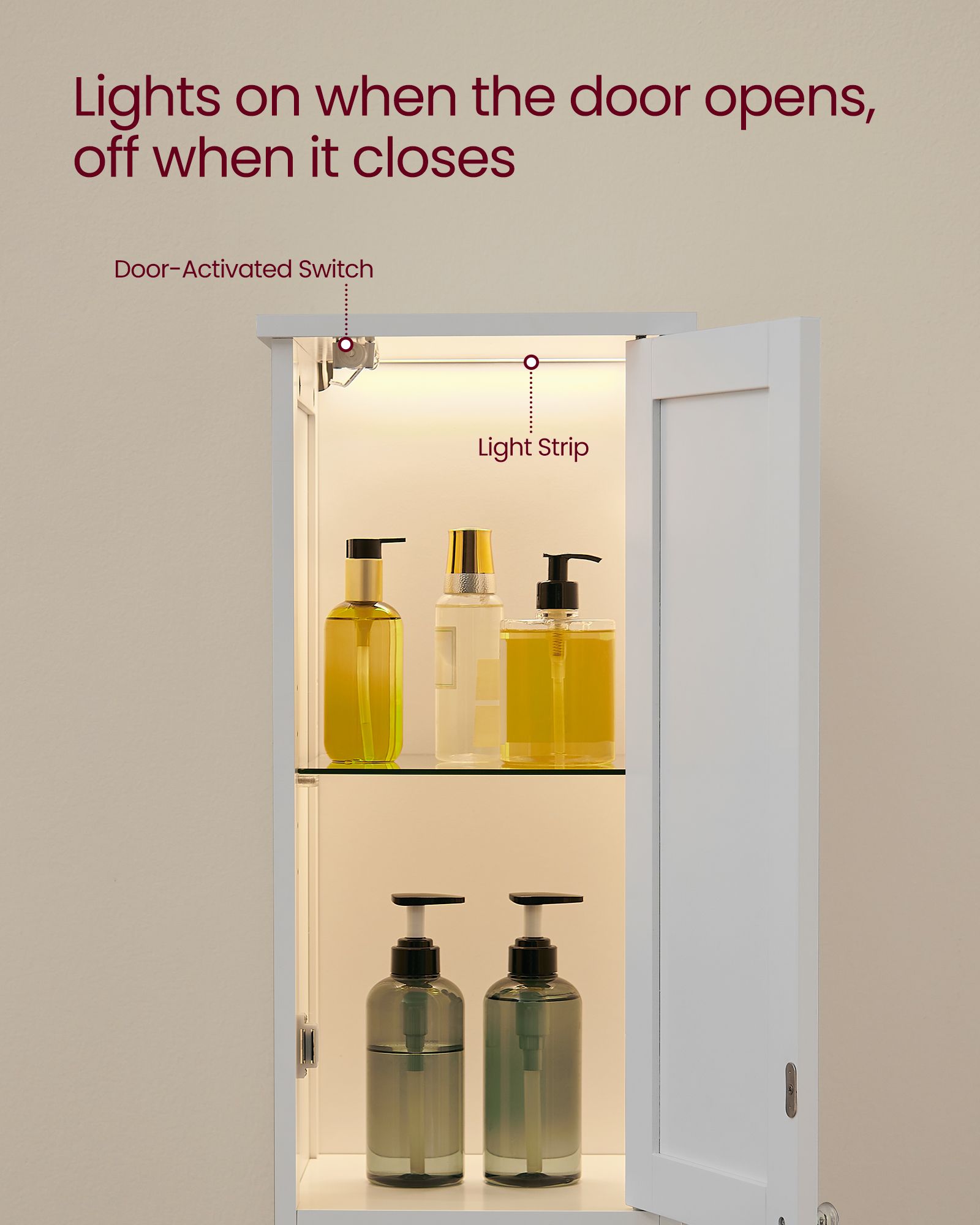 Slim Bathroom Cabinet – Wood – Cloud White – Freestanding with Adjustable Shelves and Open Compartments
