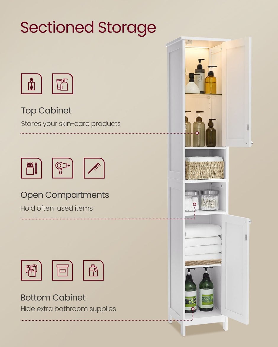 Slim Bathroom Cabinet – Wood – Cloud White – Freestanding with Adjustable Shelves and Open Compartments