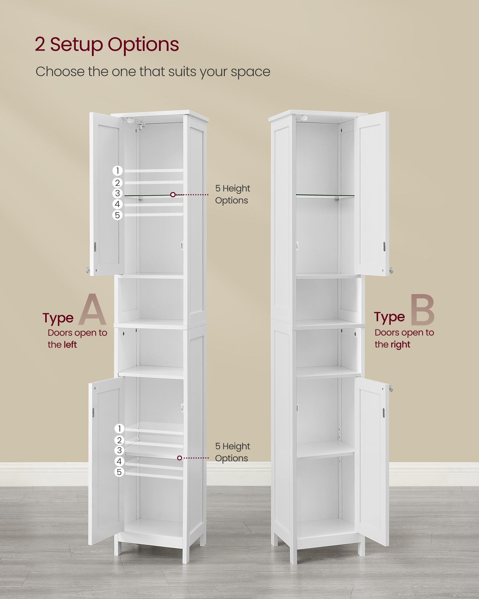 Slim Bathroom Cabinet – Wood – Cloud White – Freestanding with Adjustable Shelves and Open Compartments