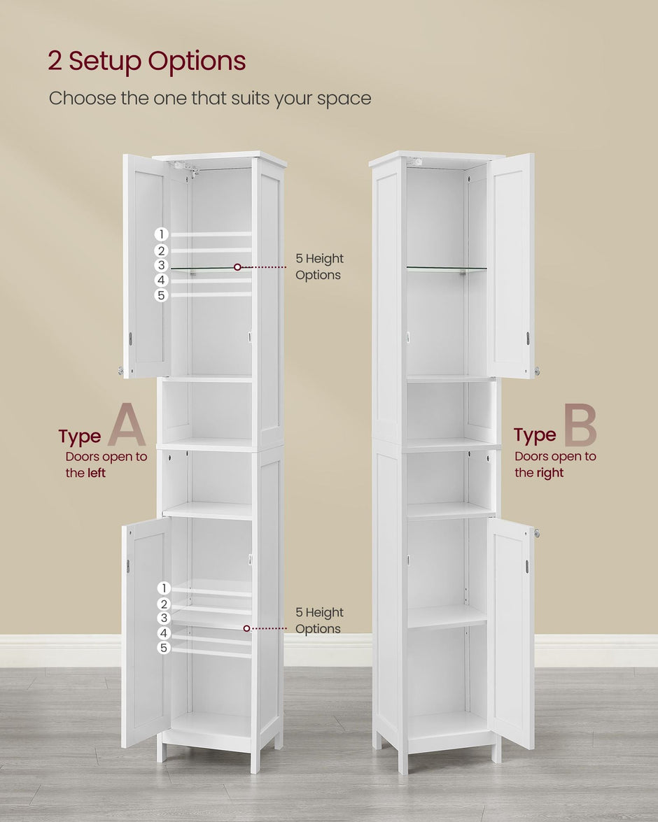 Slim Bathroom Cabinet – Wood – Cloud White – Freestanding with Adjustable Shelves and Open Compartments