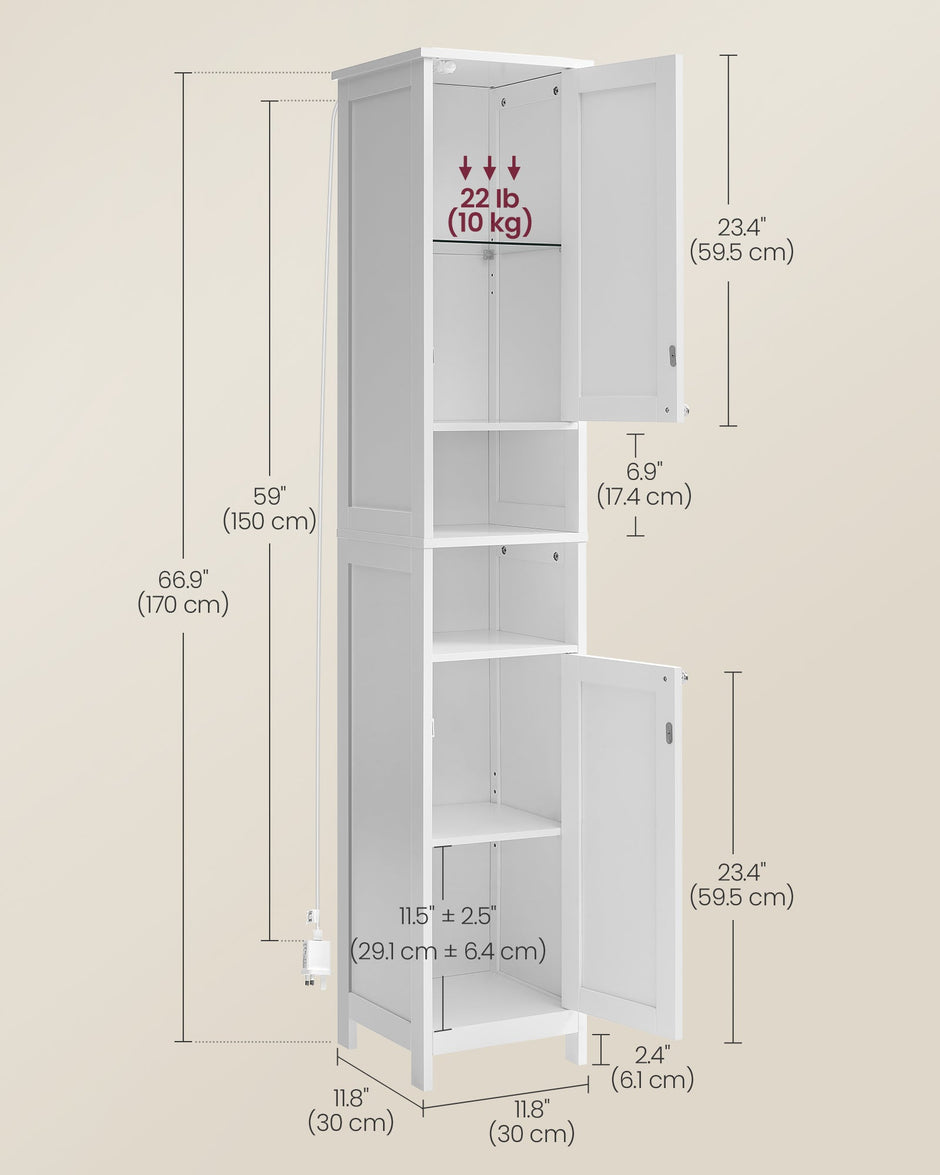 Slim Bathroom Cabinet – Wood – Cloud White – Freestanding with Adjustable Shelves and Open Compartments