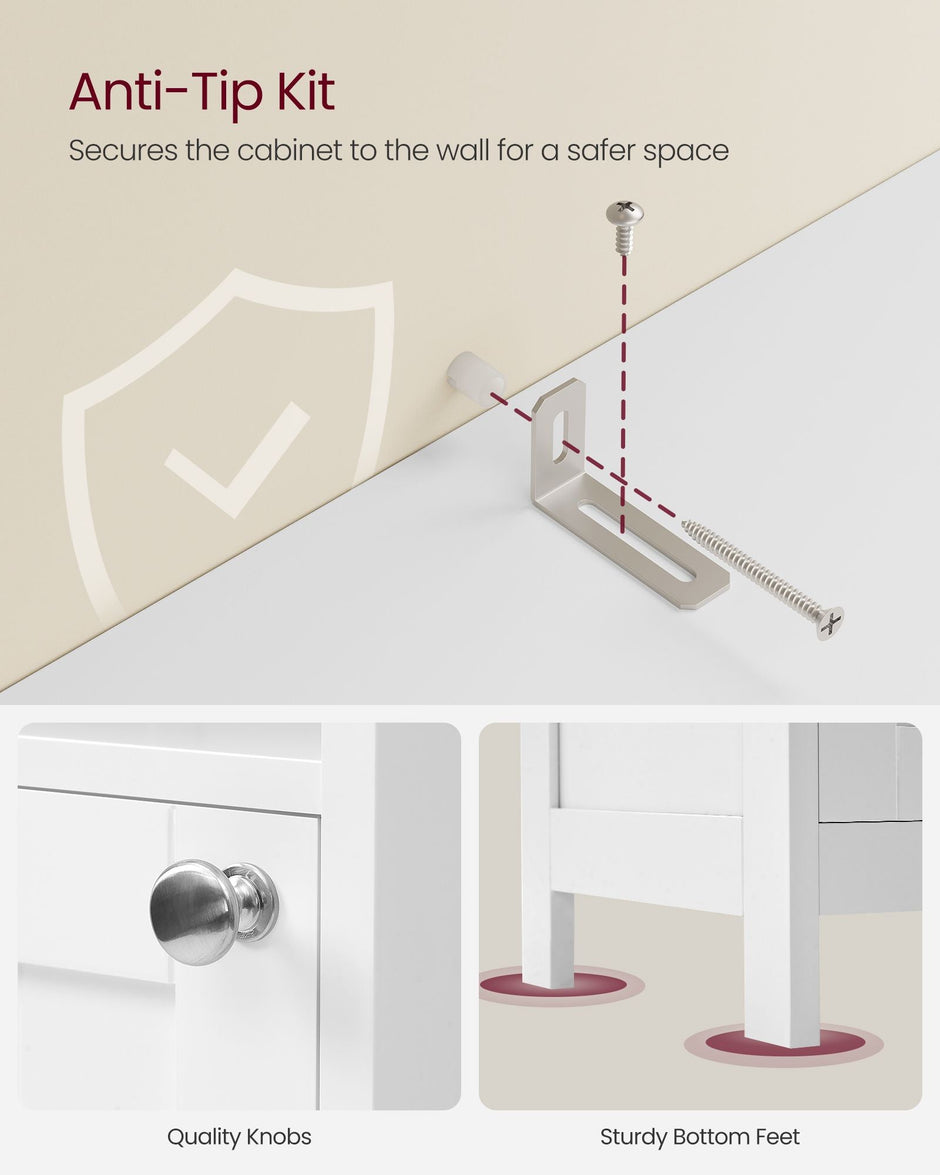 Slim Bathroom Cabinet – Wood – Cloud White – Freestanding with Adjustable Shelves and Open Compartments