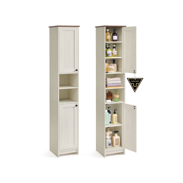 Bathroom Storage Cabinet – Wood – Rustic White – Slim Tall Design with Adjustable Shelves