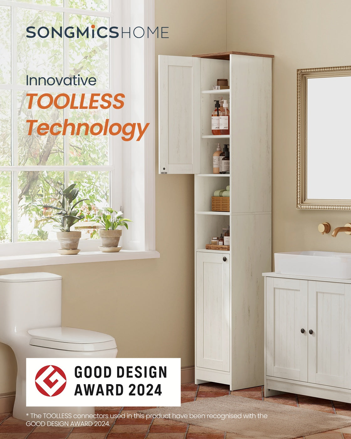 Bathroom Storage Cabinet – Wood – Rustic White – Slim Tall Design with Adjustable Shelves