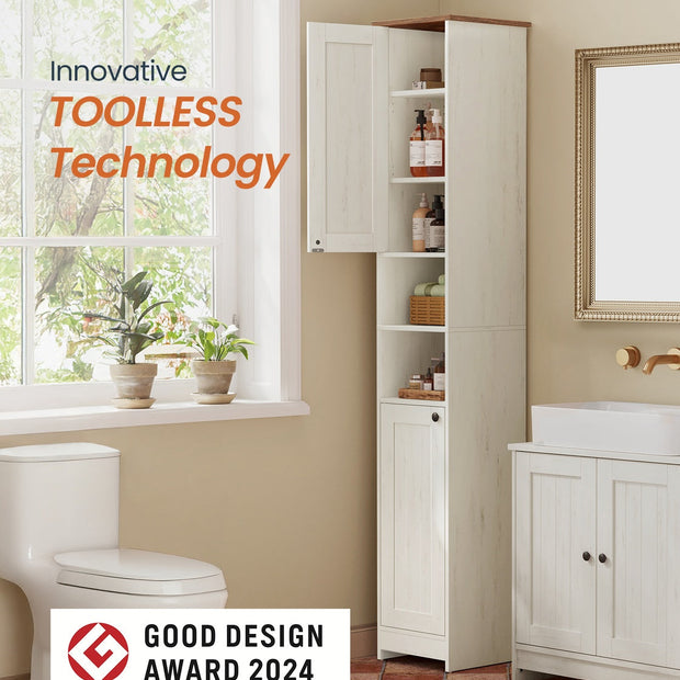 Bathroom Storage Cabinet – Wood – Rustic White – Slim Tall Design with Adjustable Shelves
