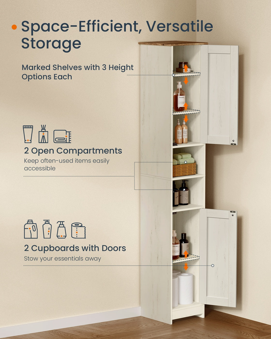 Bathroom Storage Cabinet – Wood – Rustic White – Slim Tall Design with Adjustable Shelves