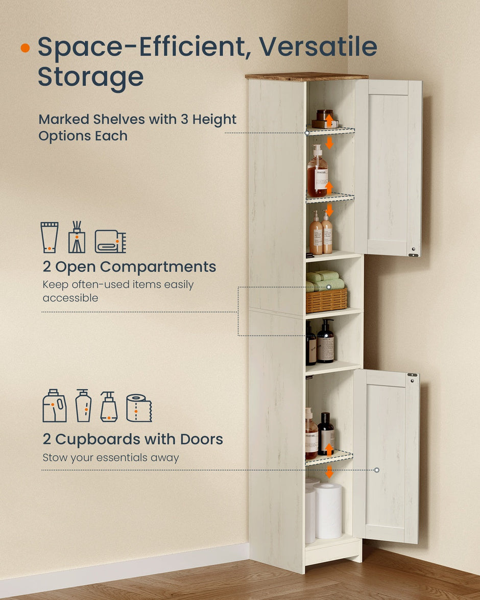 Bathroom Storage Cabinet – Wood – Rustic White – Slim Tall Design with Adjustable Shelves
