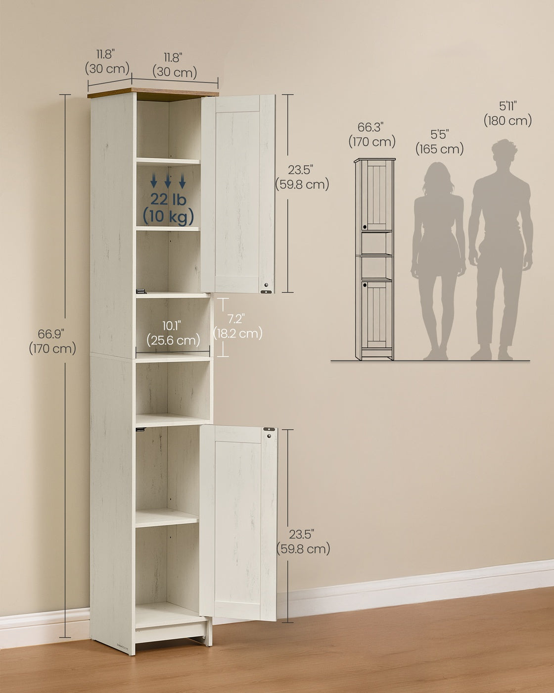 Bathroom Storage Cabinet – Wood – Rustic White – Slim Tall Design with Adjustable Shelves