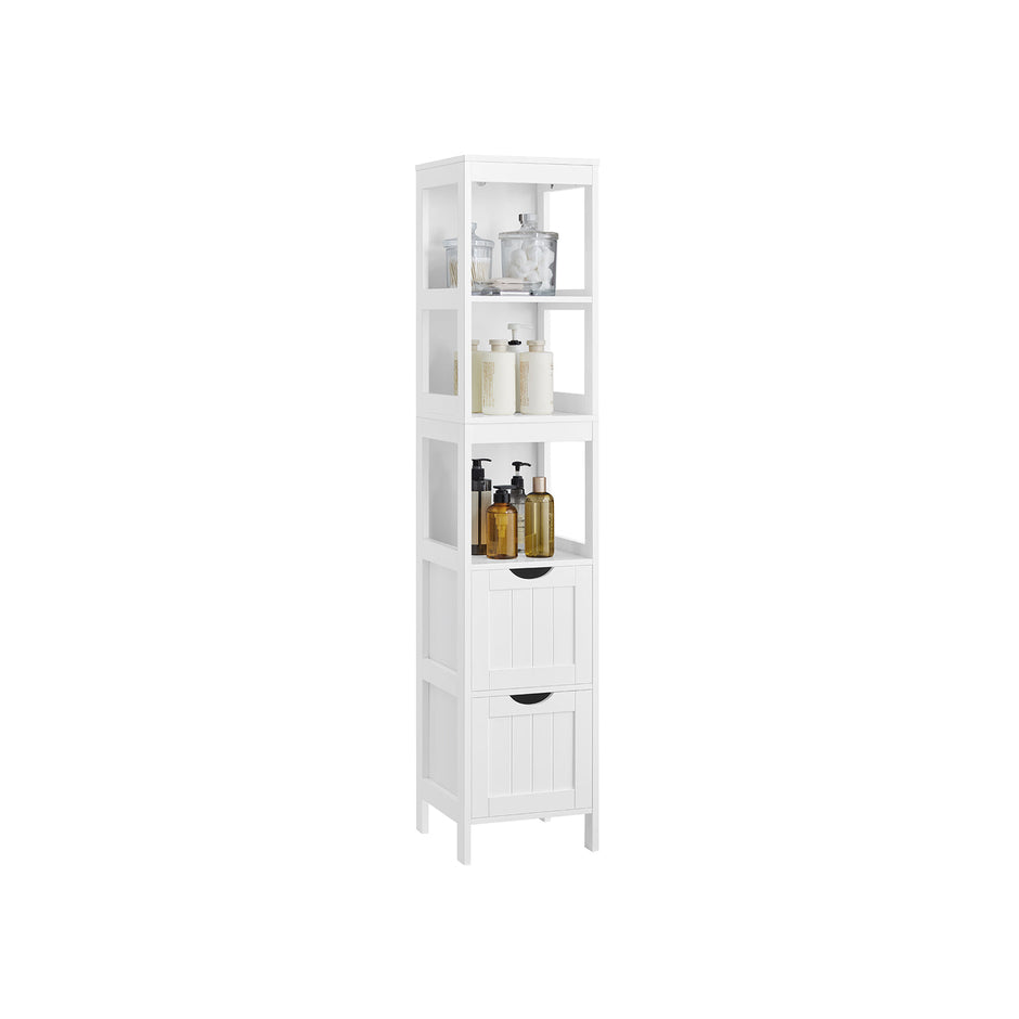 Tall Bathroom Cabinet – Wood – White – With 2 Drawers and 3 Open Shelves