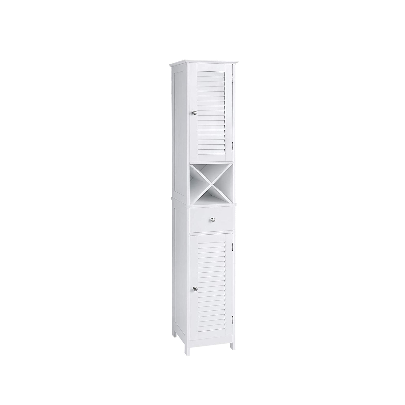 Linen Tower – Engineered Wood – White – Freestanding with Shutter Doors and Drawer