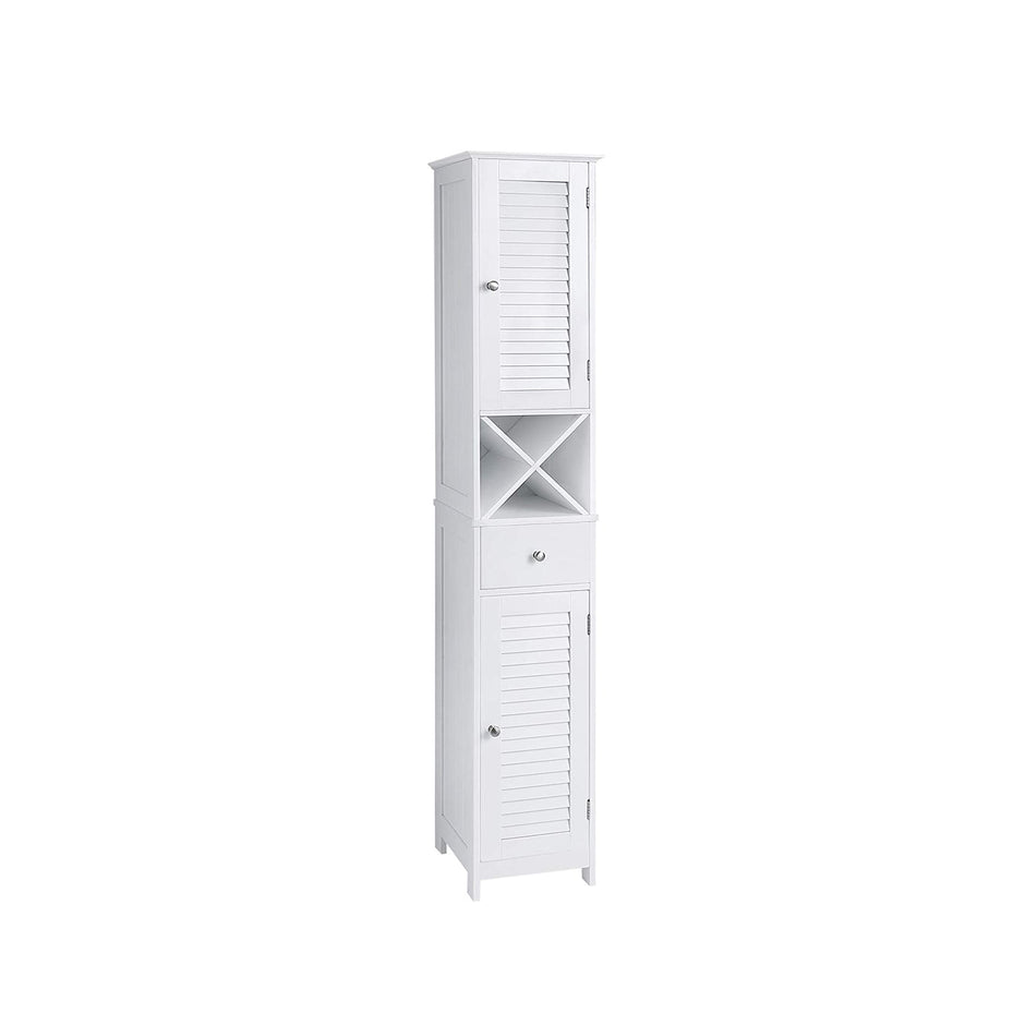 Linen Tower – Engineered Wood – White – Freestanding with Shutter Doors and Drawer