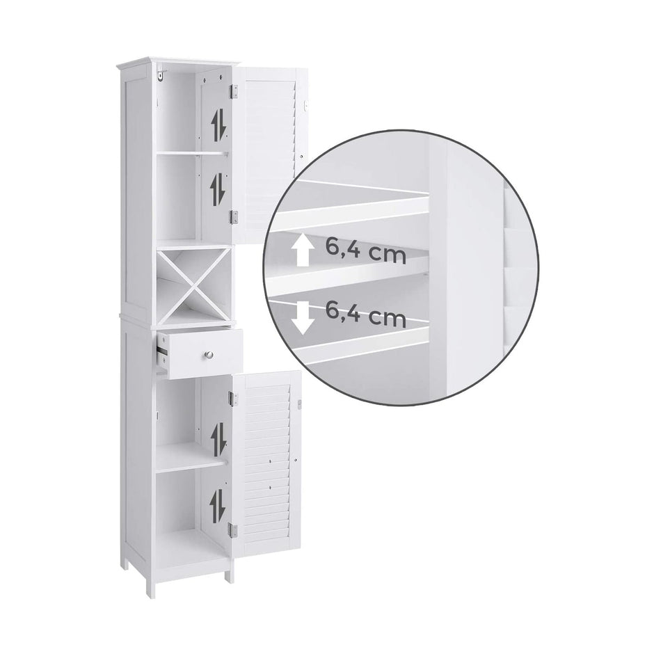 Linen Tower – Engineered Wood – White – Freestanding with Shutter Doors and Drawer