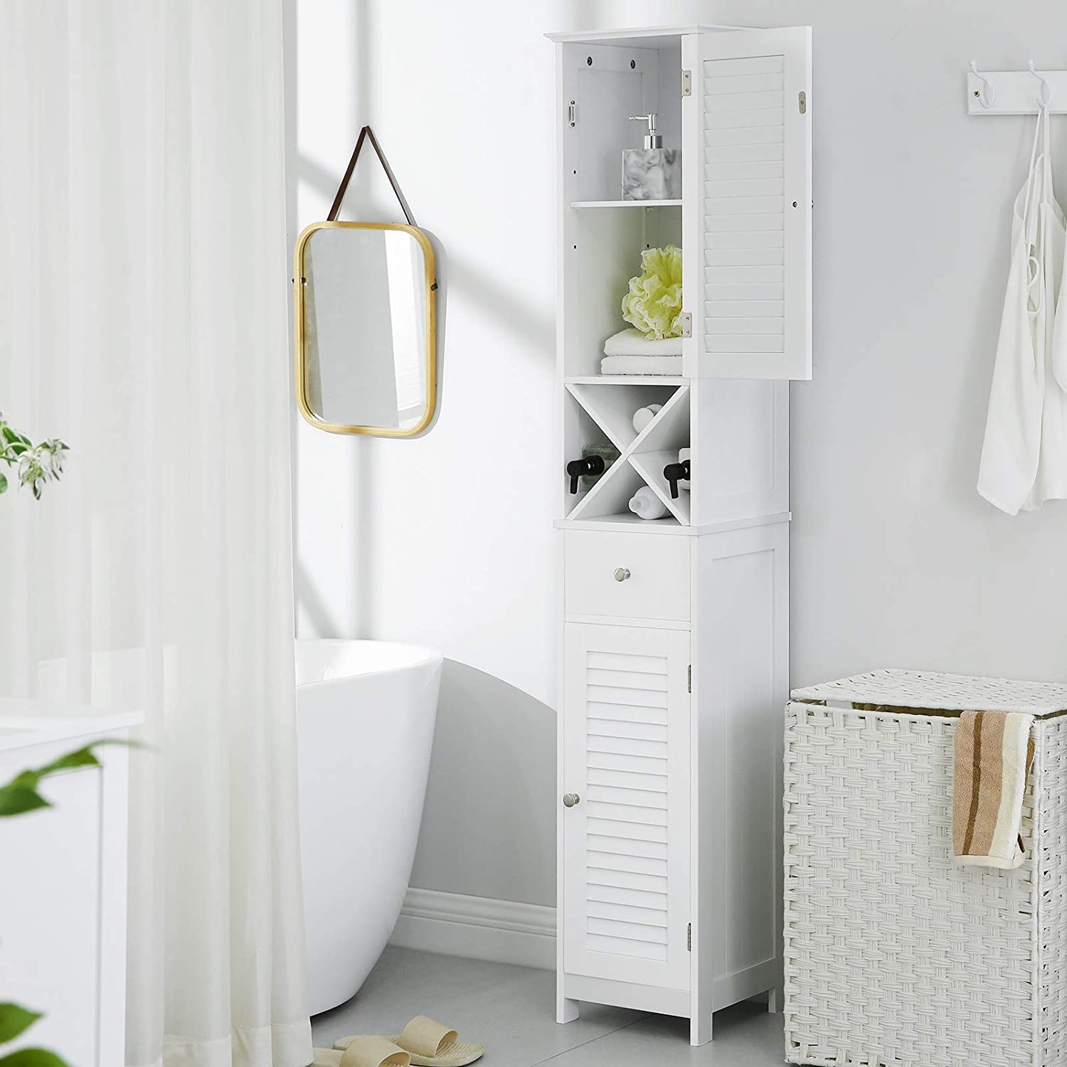 Linen Tower – Engineered Wood – White – Freestanding with Shutter Doors and Drawer