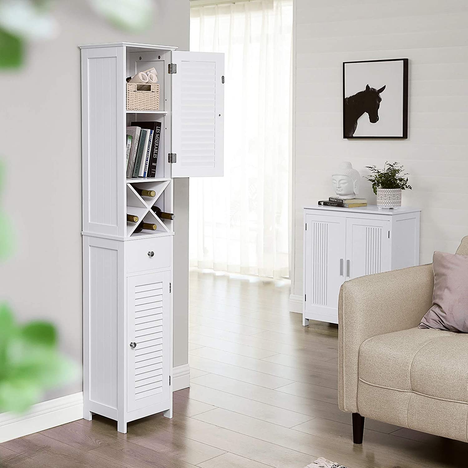 Linen Tower – Engineered Wood – White – Freestanding with Shutter Doors and Drawer
