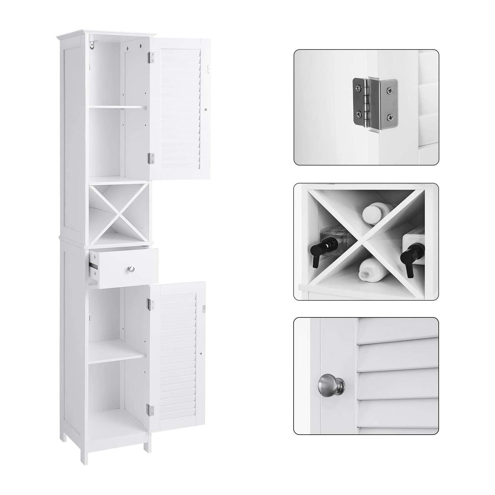 Linen Tower – Engineered Wood – White – Freestanding with Shutter Doors and Drawer