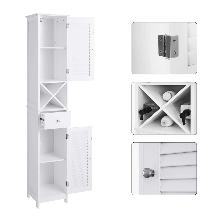 Linen Tower – Engineered Wood – White – Freestanding with Shutter Doors and Drawer