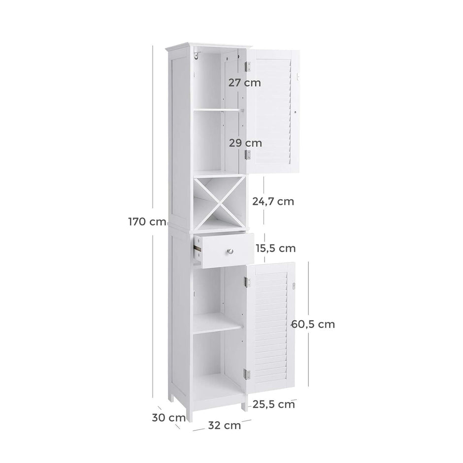 Linen Tower – Engineered Wood – White – Freestanding with Shutter Doors and Drawer