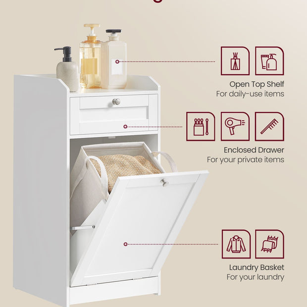 Bathroom Storage Unit – Wood – Cloud White – Features 1 Drawer and 1 Removable Laundry Hamper