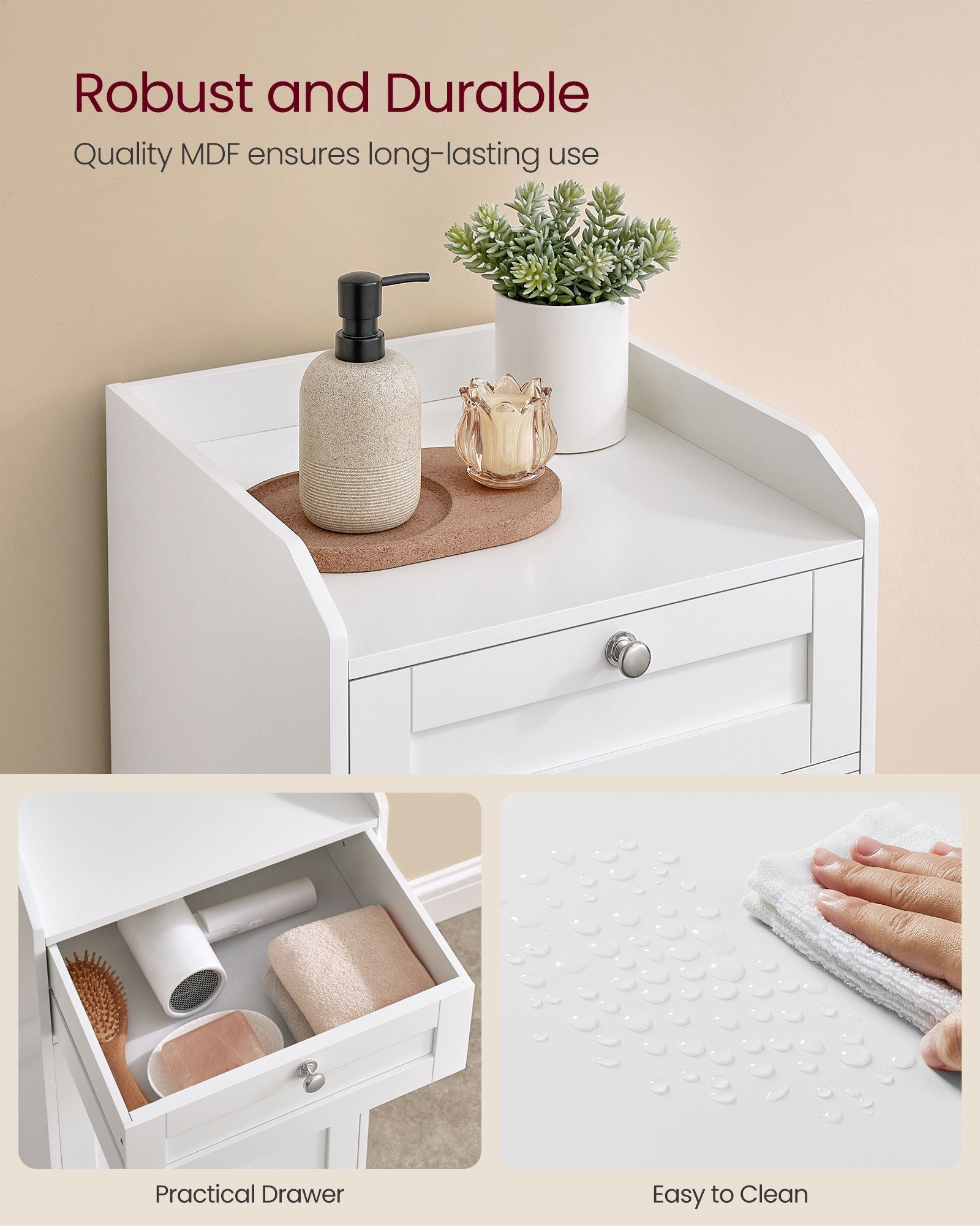 Bathroom Storage Unit – Wood – Cloud White – Features 1 Drawer and 1 Removable Laundry Hamper
