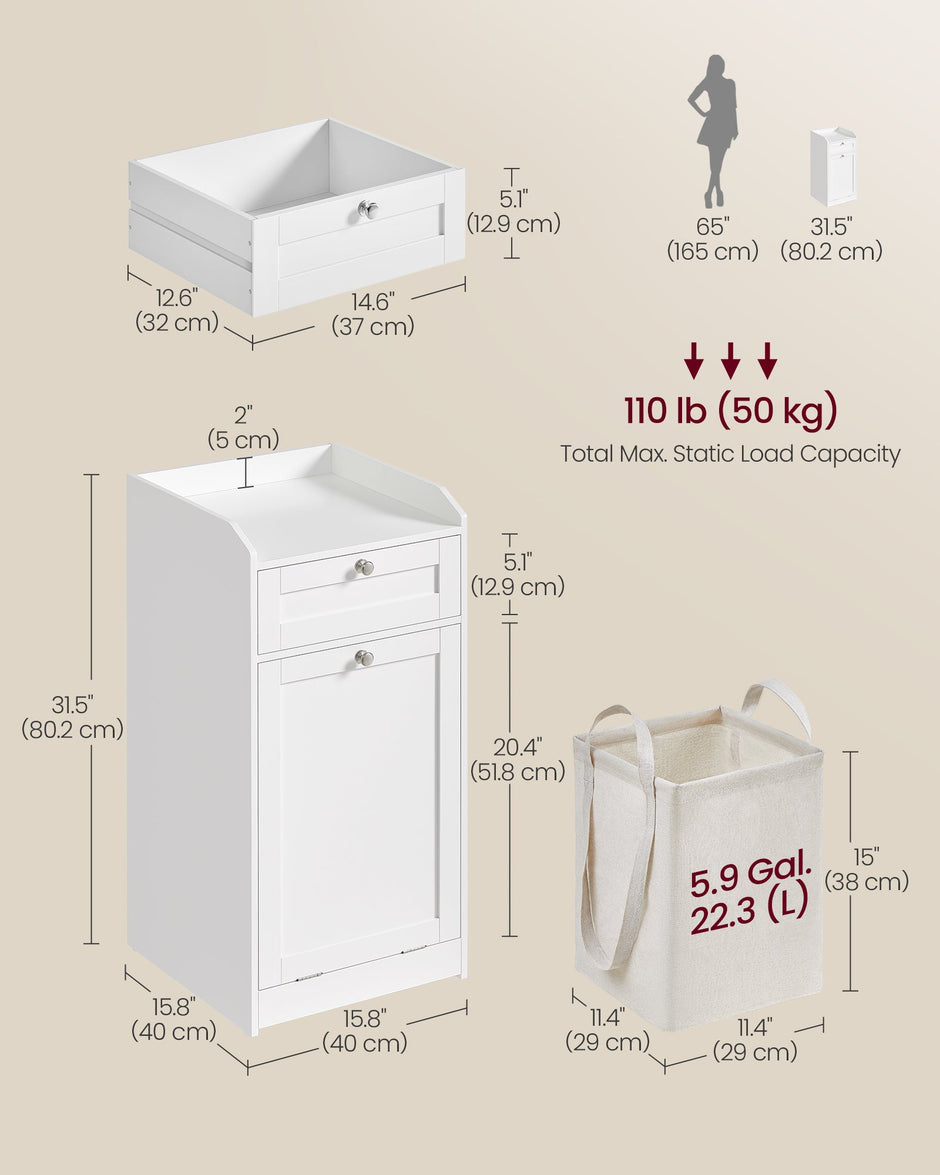 Bathroom Storage Unit – Wood – Cloud White – Features 1 Drawer and 1 Removable Laundry Hamper