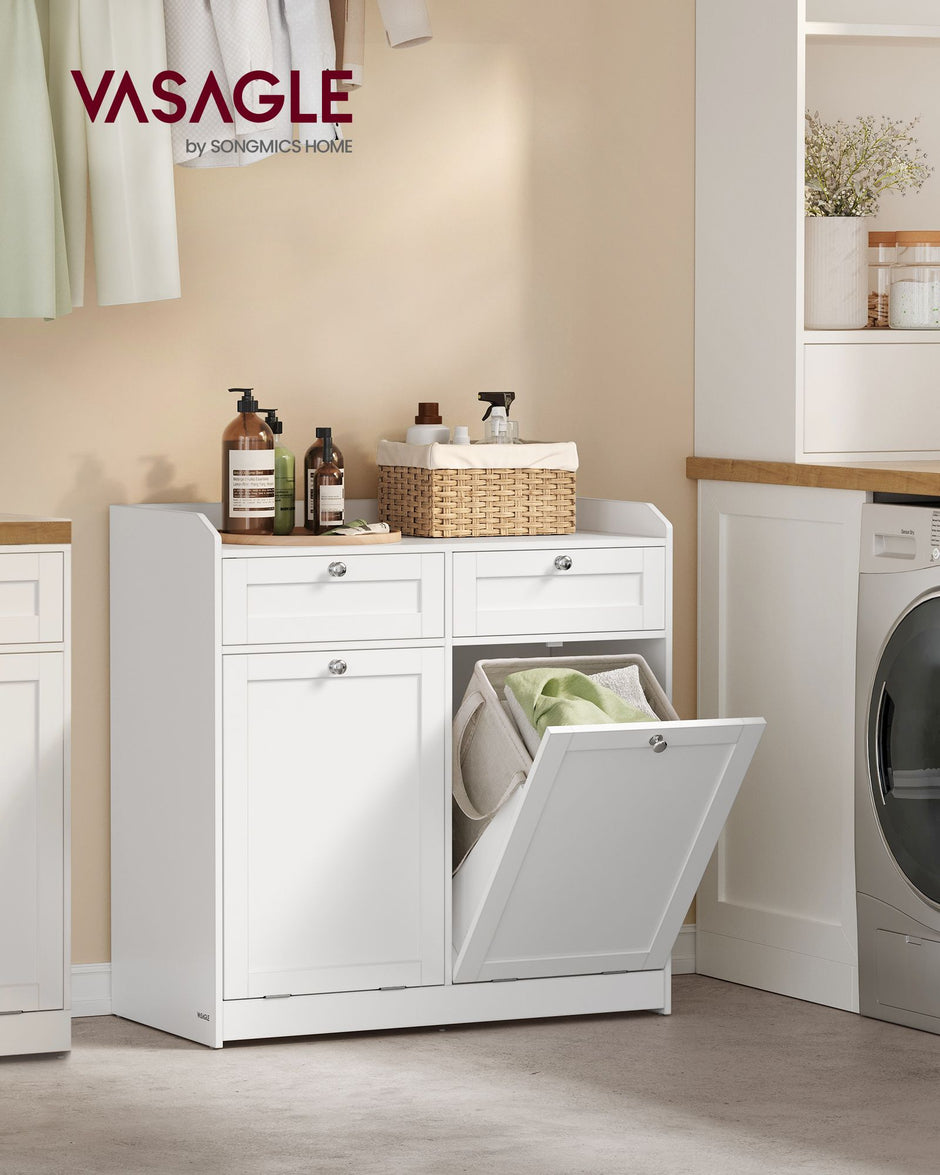 Bathroom Cabinet – Engineered Wood – Cloud White – Includes Removable Laundry Baskets and Drawers