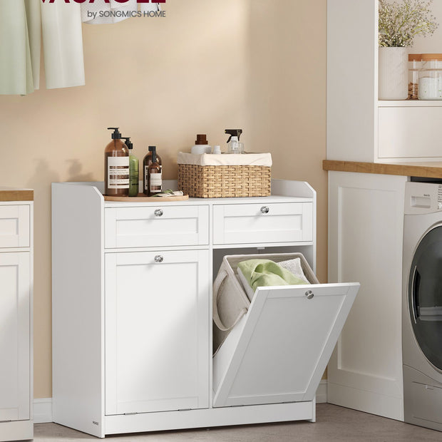 Bathroom Cabinet – Engineered Wood – Cloud White – Includes Removable Laundry Baskets and Drawers