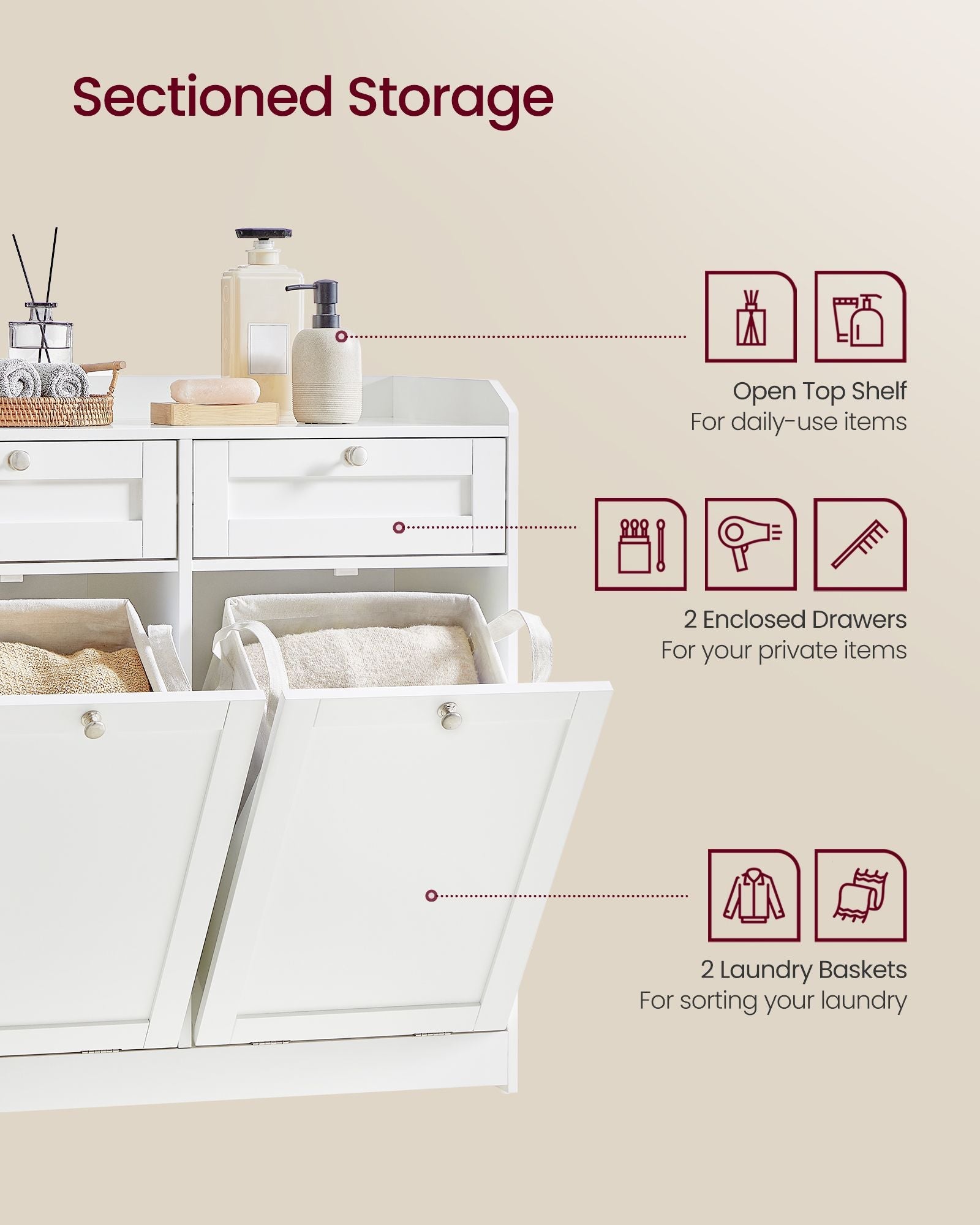 Bathroom Cabinet – Engineered Wood – Cloud White – Includes Removable Laundry Baskets and Drawers