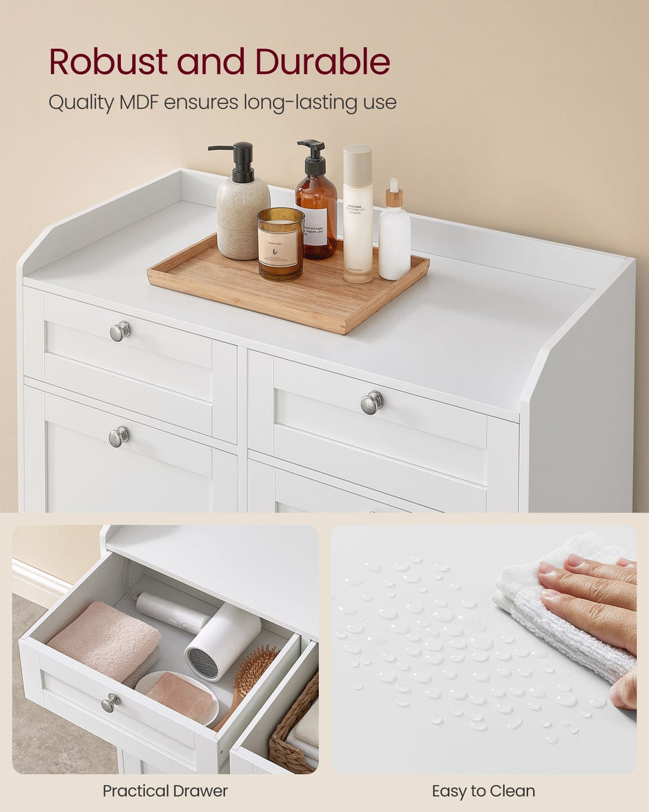 Bathroom Cabinet – Engineered Wood – Cloud White – Includes Removable Laundry Baskets and Drawers