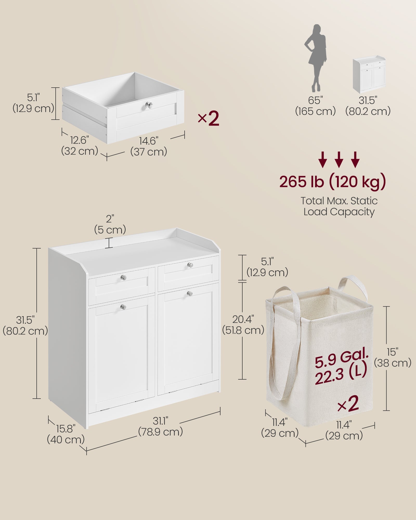 Bathroom Cabinet – Engineered Wood – Cloud White – Includes Removable Laundry Baskets and Drawers
