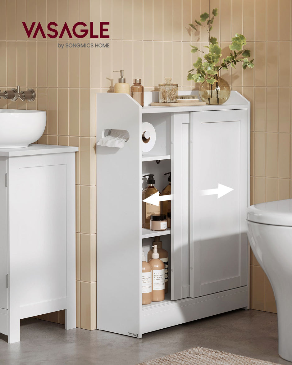 Bathroom Cabinet – Wood – Cloud White – Adjustable Shelves, Sliding Doors, Compact Design