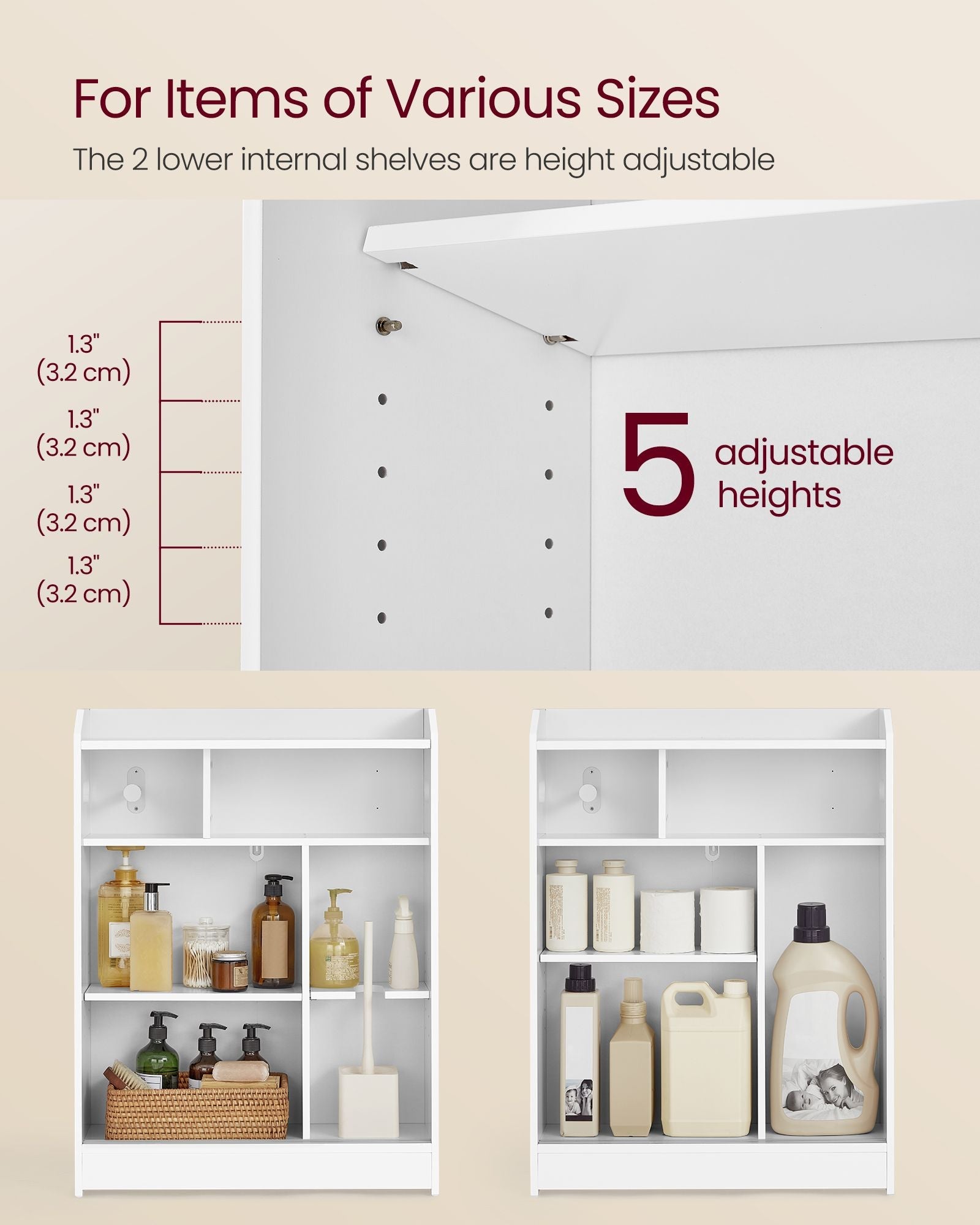 Bathroom Cabinet – Wood – Cloud White – Adjustable Shelves, Sliding Doors, Compact Design