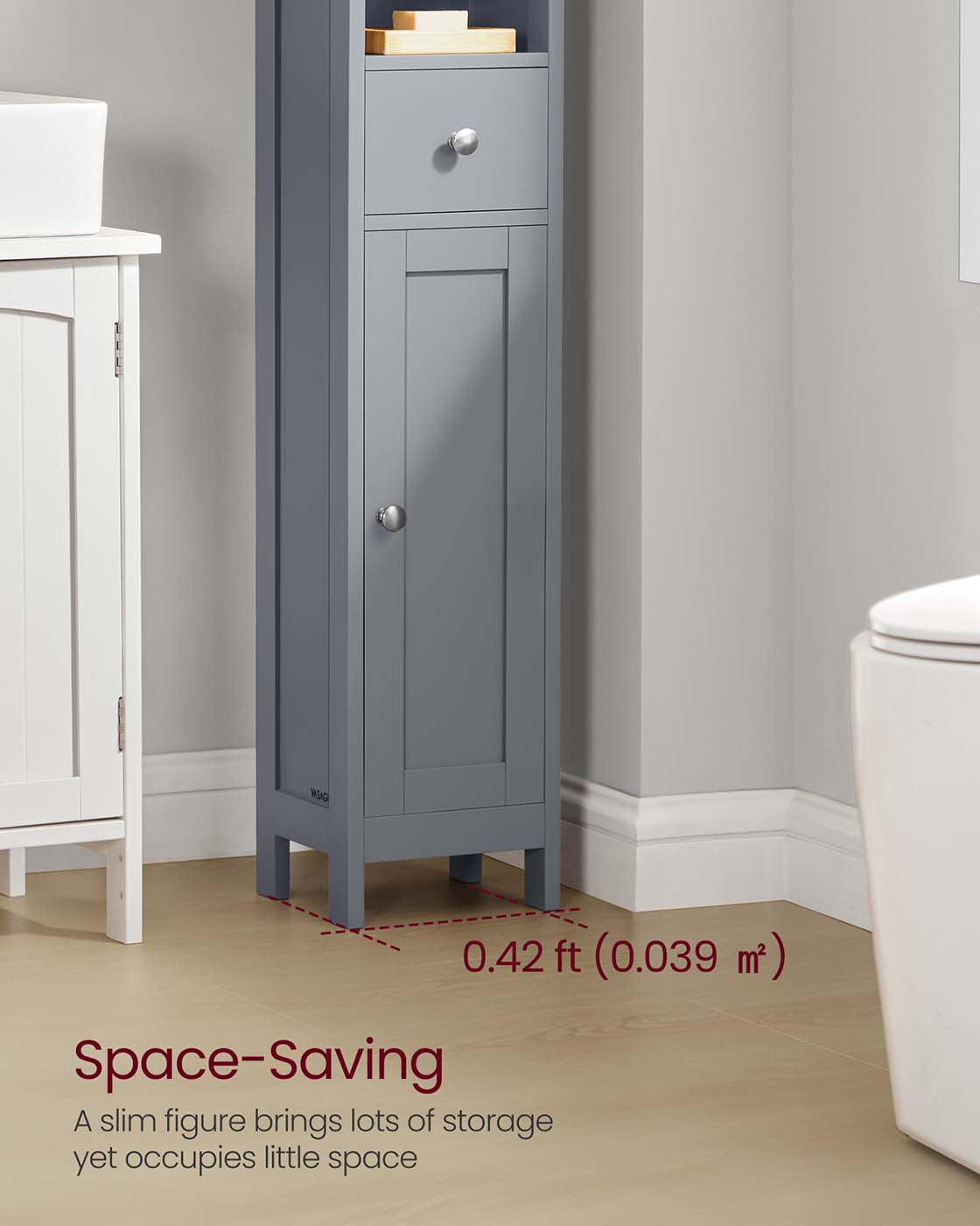 Slim Freestanding Bathroom Cabinet – Engineered Wood – Dove Grey – Adjustable Shelves and Drawer