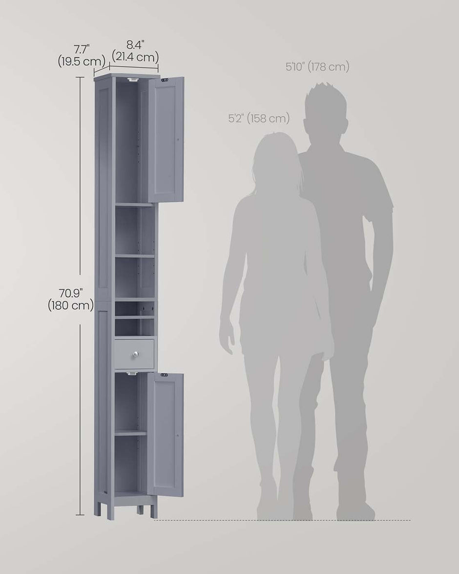 Slim Freestanding Bathroom Cabinet – Engineered Wood – Dove Grey – Adjustable Shelves and Drawer