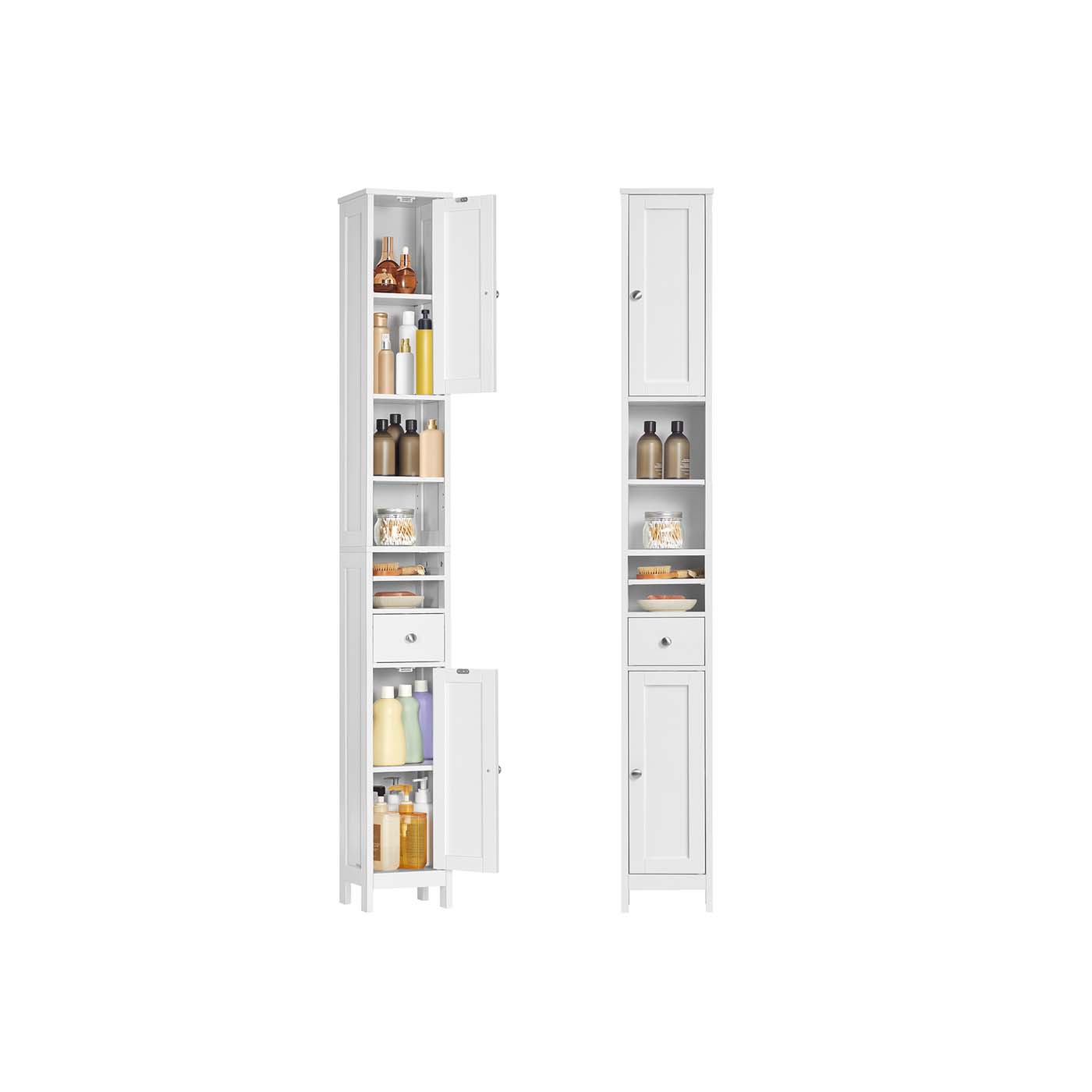 Freestanding Bathroom Cabinet – Engineered Wood – Cloud White – Slim Design with Adjustable Shelves and Drawer