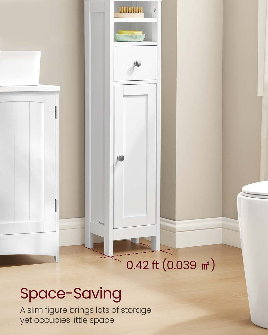 Freestanding Bathroom Cabinet – Engineered Wood – Cloud White – Slim Design with Adjustable Shelves and Drawer