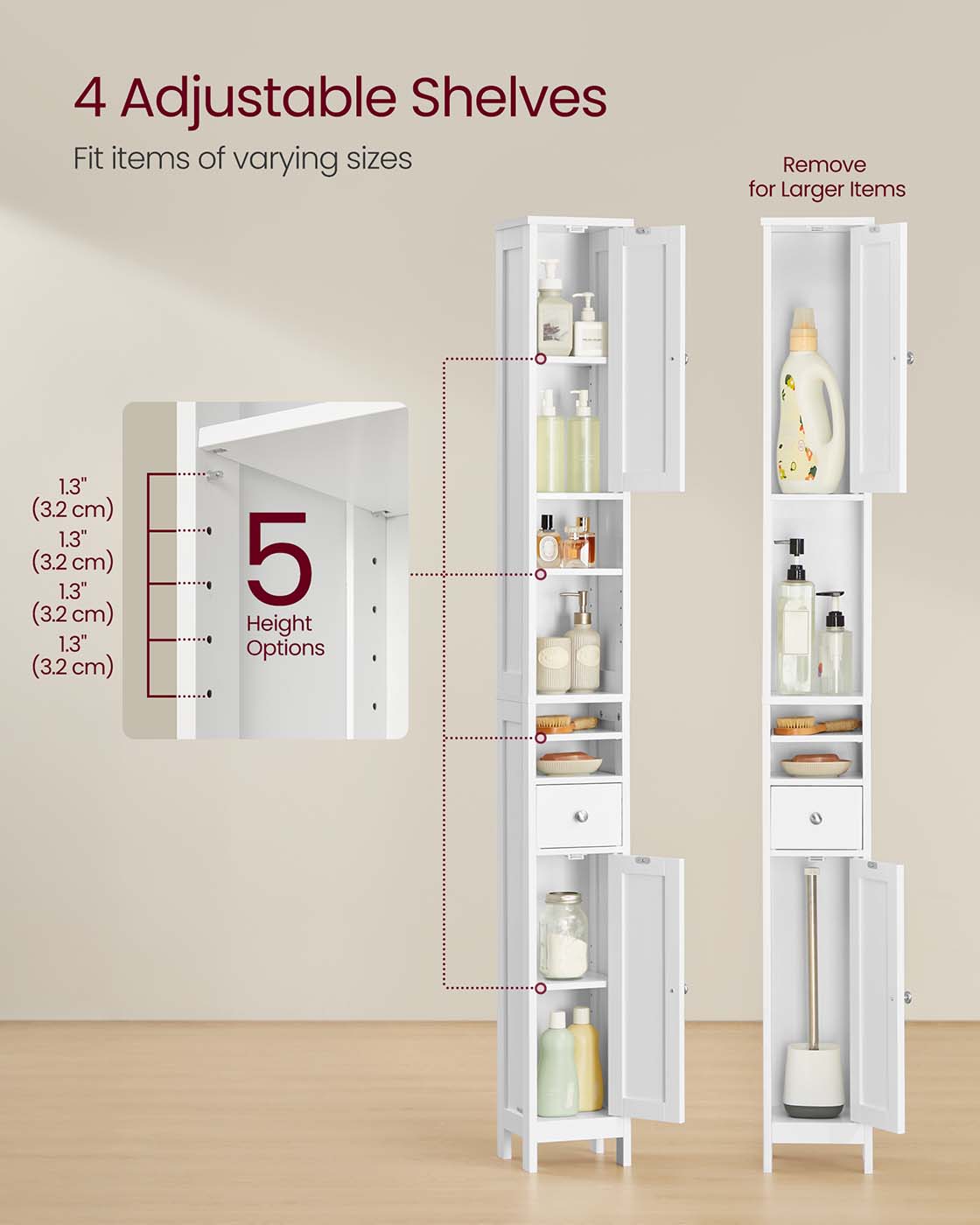 Freestanding Bathroom Cabinet – Engineered Wood – Cloud White – Slim Design with Adjustable Shelves and Drawer
