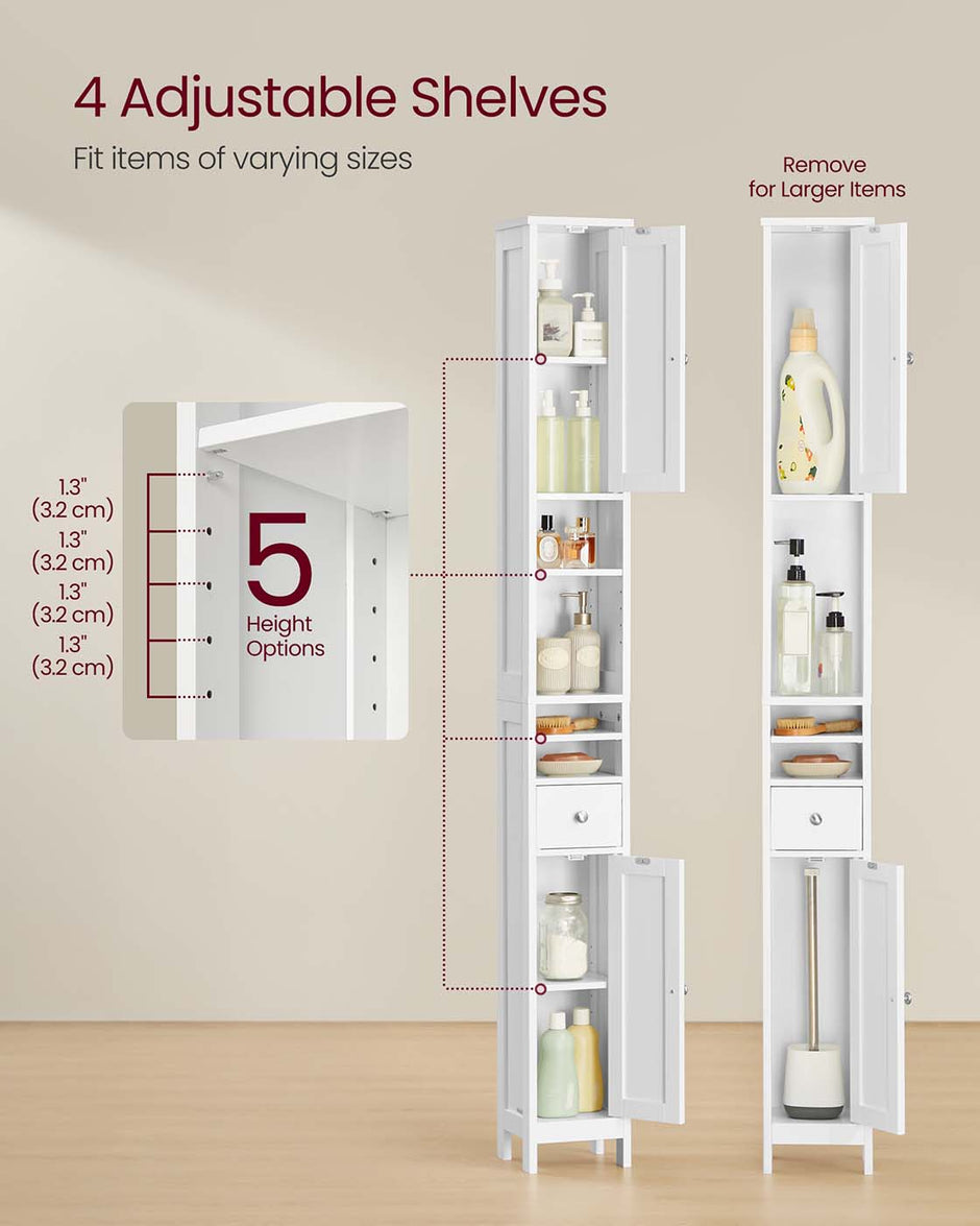 Freestanding Bathroom Cabinet – Engineered Wood – Cloud White – Slim Design with Adjustable Shelves and Drawer