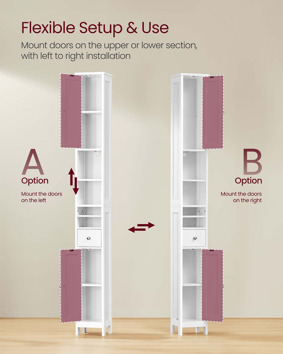 Freestanding Bathroom Cabinet – Engineered Wood – Cloud White – Slim Design with Adjustable Shelves and Drawer
