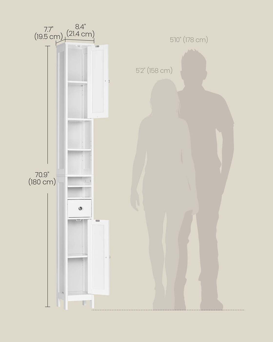 Freestanding Bathroom Cabinet – Engineered Wood – Cloud White – Slim Design with Adjustable Shelves and Drawer