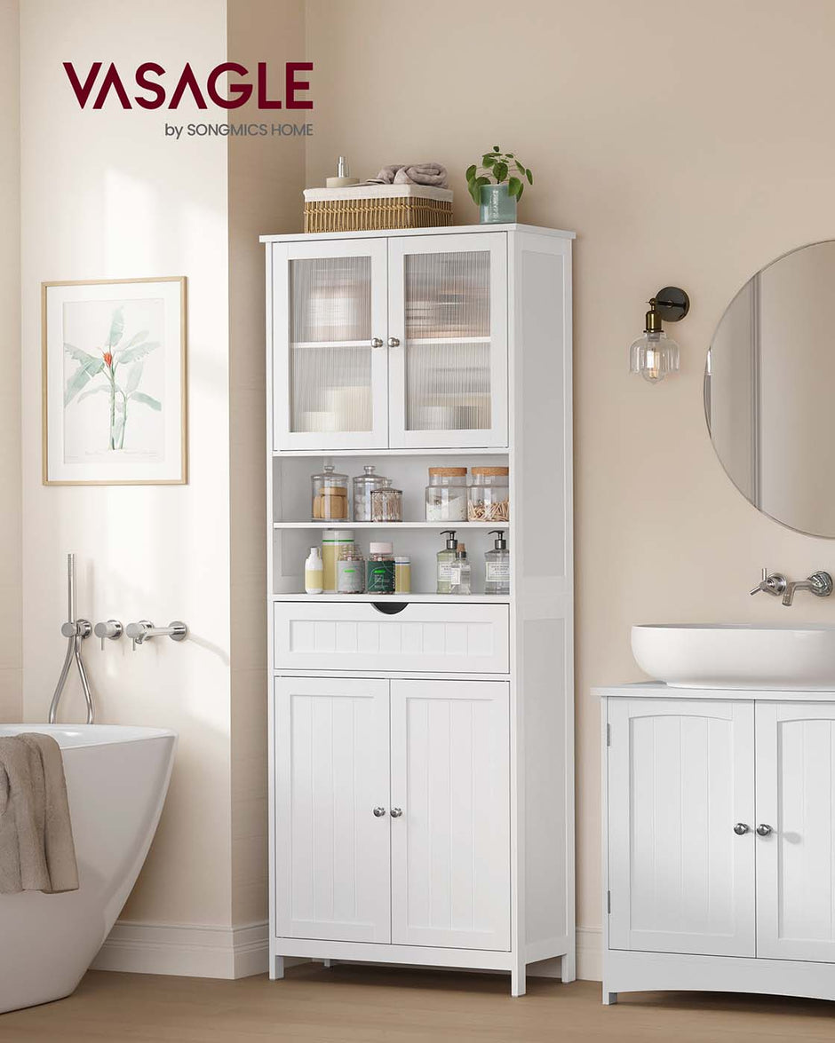 Freestanding Storage Cabinet – Engineered Wood – Cloud White – Adjustable Shelves and Drawer